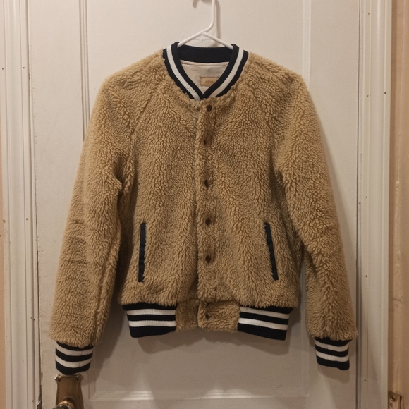 MOTHER Beige Teddy Letterman Snap women's Bomber Jacket in More Than a Feeling - Picture 3 of 16